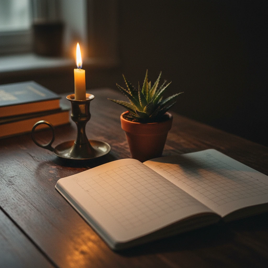 Een open notitieboek met een gouden pen op een donker houten bureau naast een kleine plant