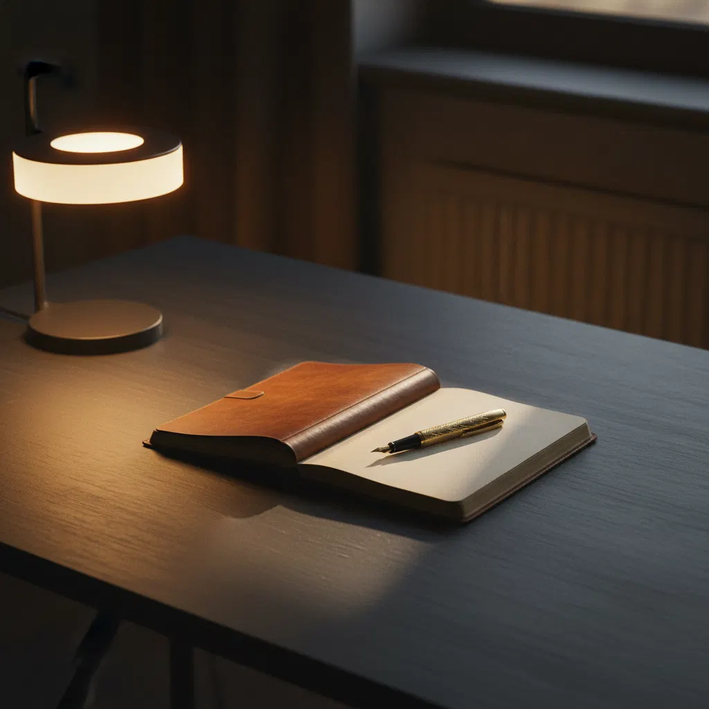 Serene gouden lichtval over een minimalistische werkruimte met een notitieboek en een glas water