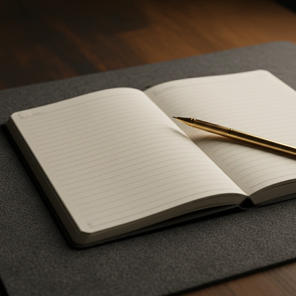 Een open notitieboek met handgeschreven schema's op een donker bureau met een gouden potloodhouder